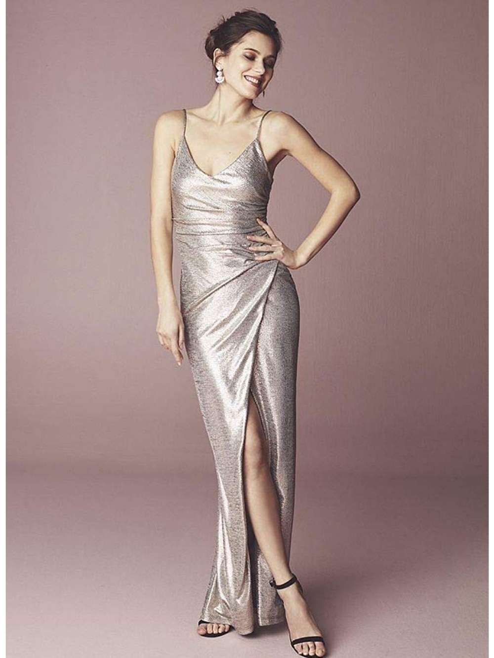 Metallic Rose Gold Spaghetti-Strap Evening Gown